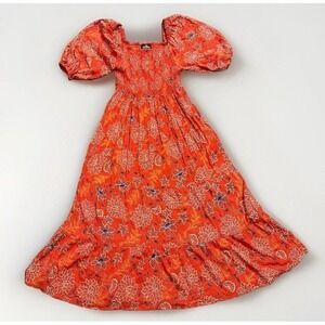 Angie Womens Dress Small Red Floral Midi A Line Boho Smocked Tiered Peasant Puff